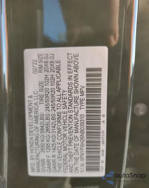 2022 Honda Pilot Se из США, поврежденный, VIN 5FNYF6H26NB039310